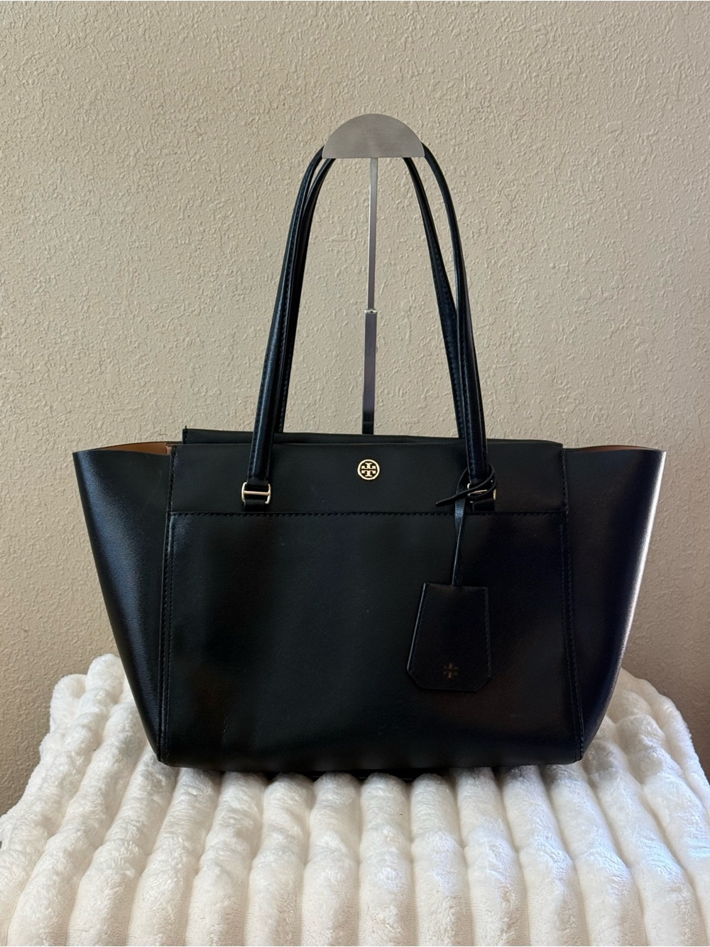 Tory Burch Black Leather Parker Tote with Logo Charm